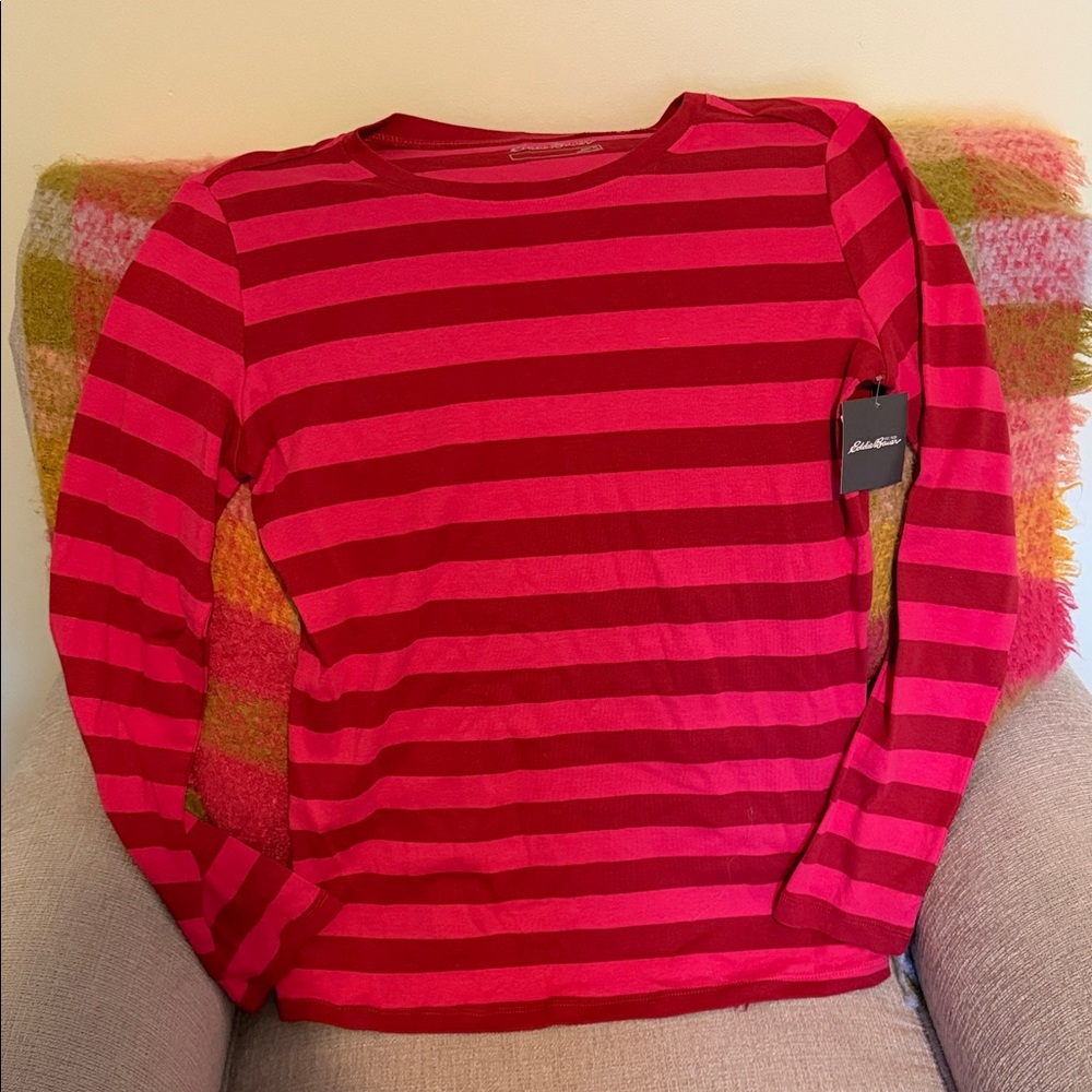 NWT Eddie Bauer Striped Crewneck Top - Maroon & Fuchsia